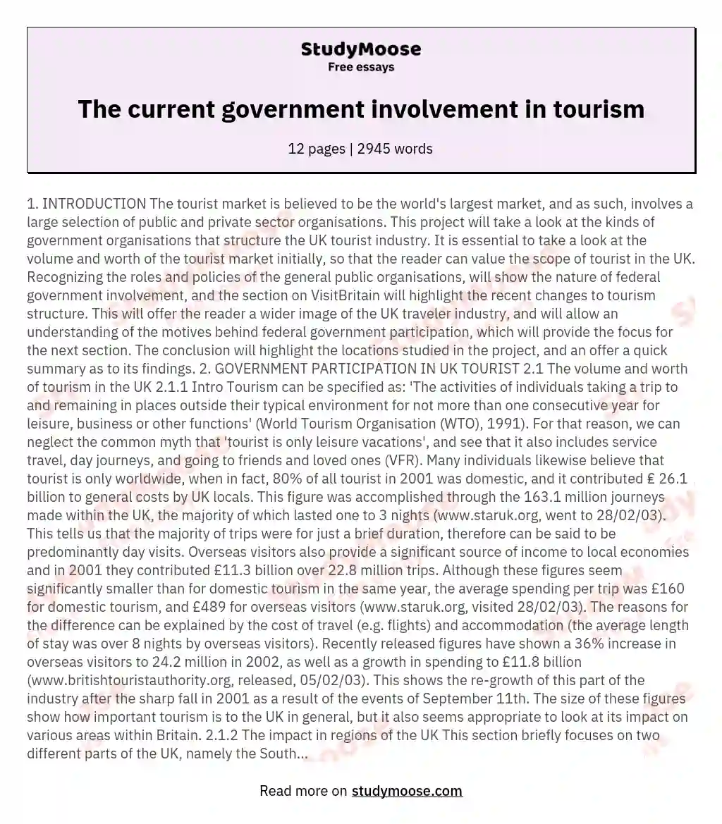 The current government involvement in tourism