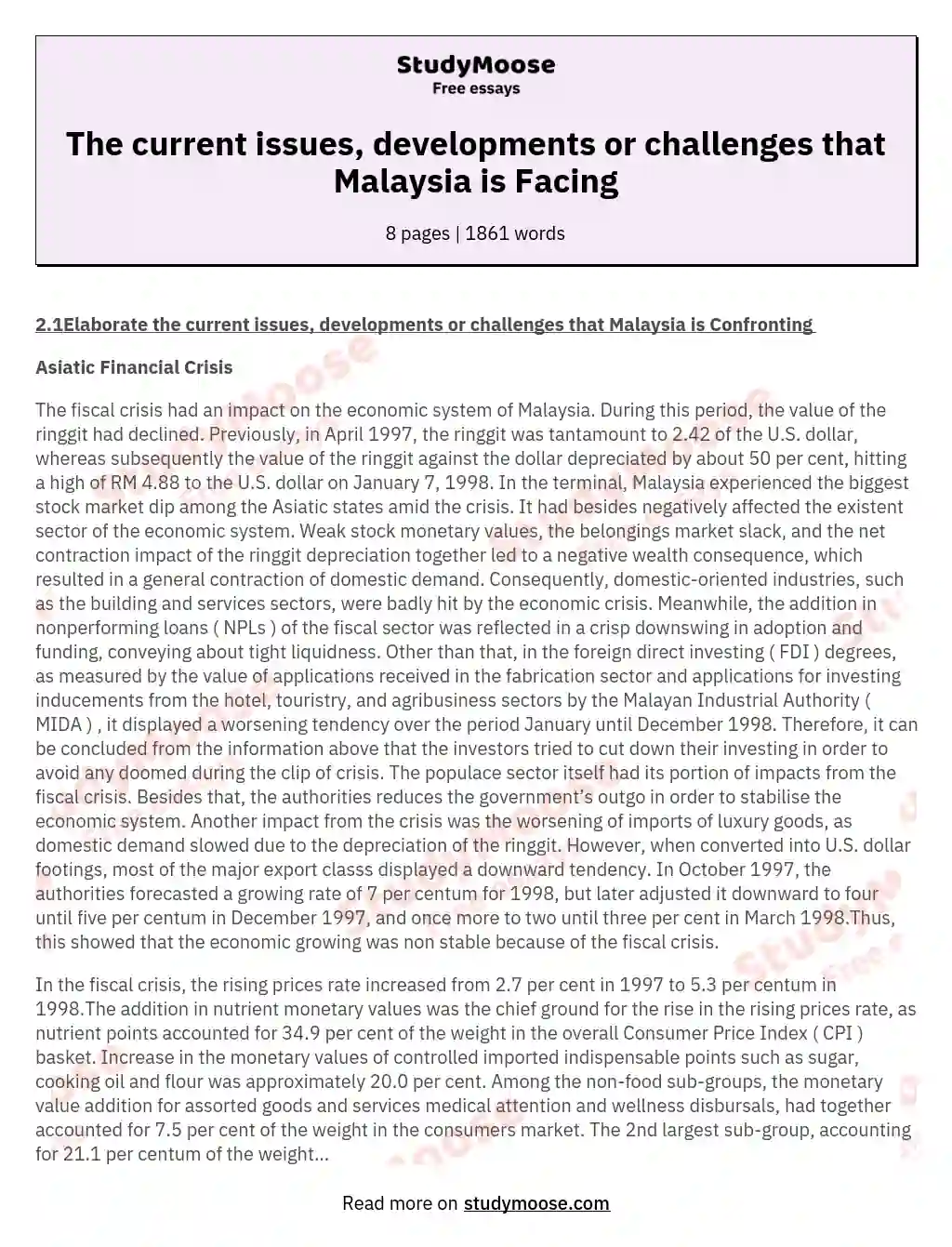 The current issues, developments or challenges that Malaysia is Facing