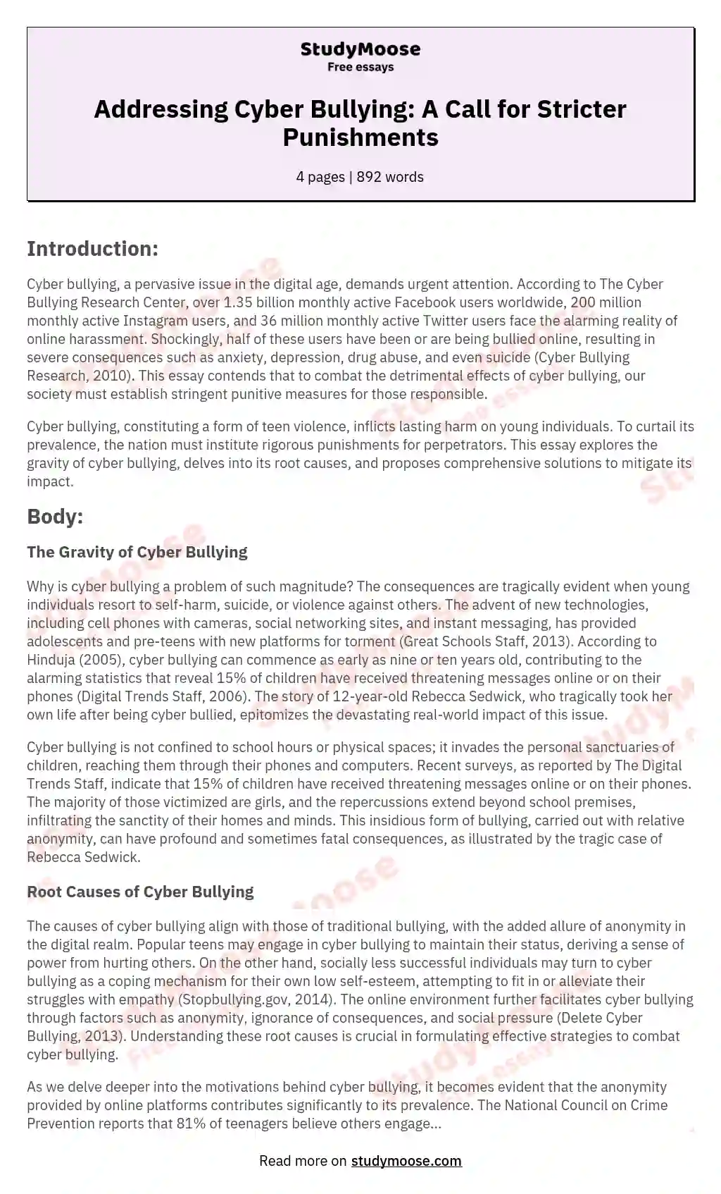 The Cyber Bullying Research Research Paper Example Free Essay