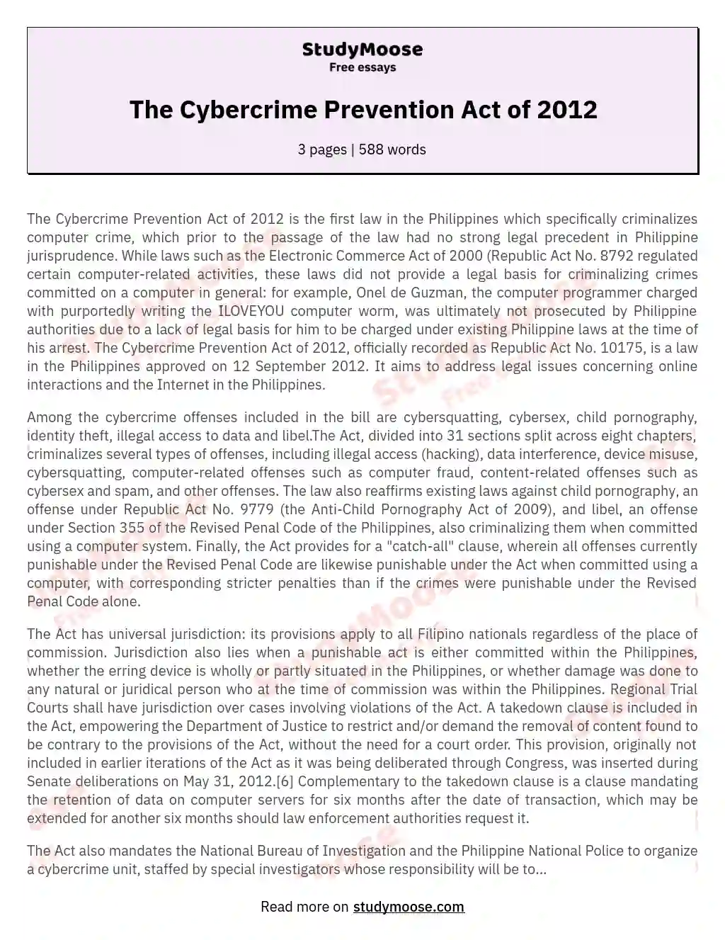 The Cybercrime Prevention Act of 2012 essay
