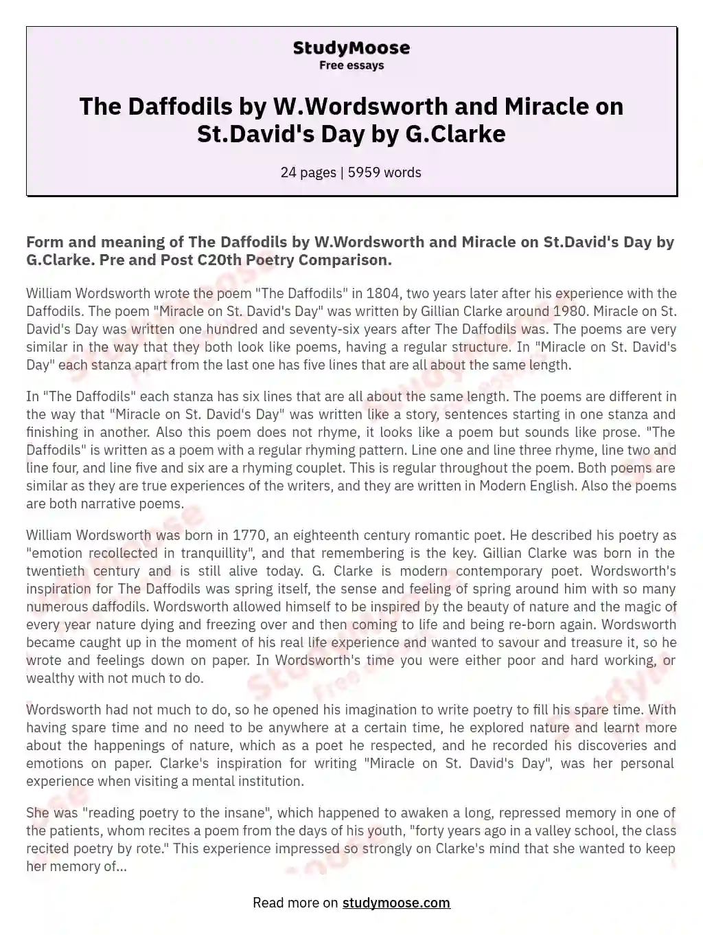 The Daffodils by W.Wordsworth and Miracle on St.David's Day by G.Clarke essay