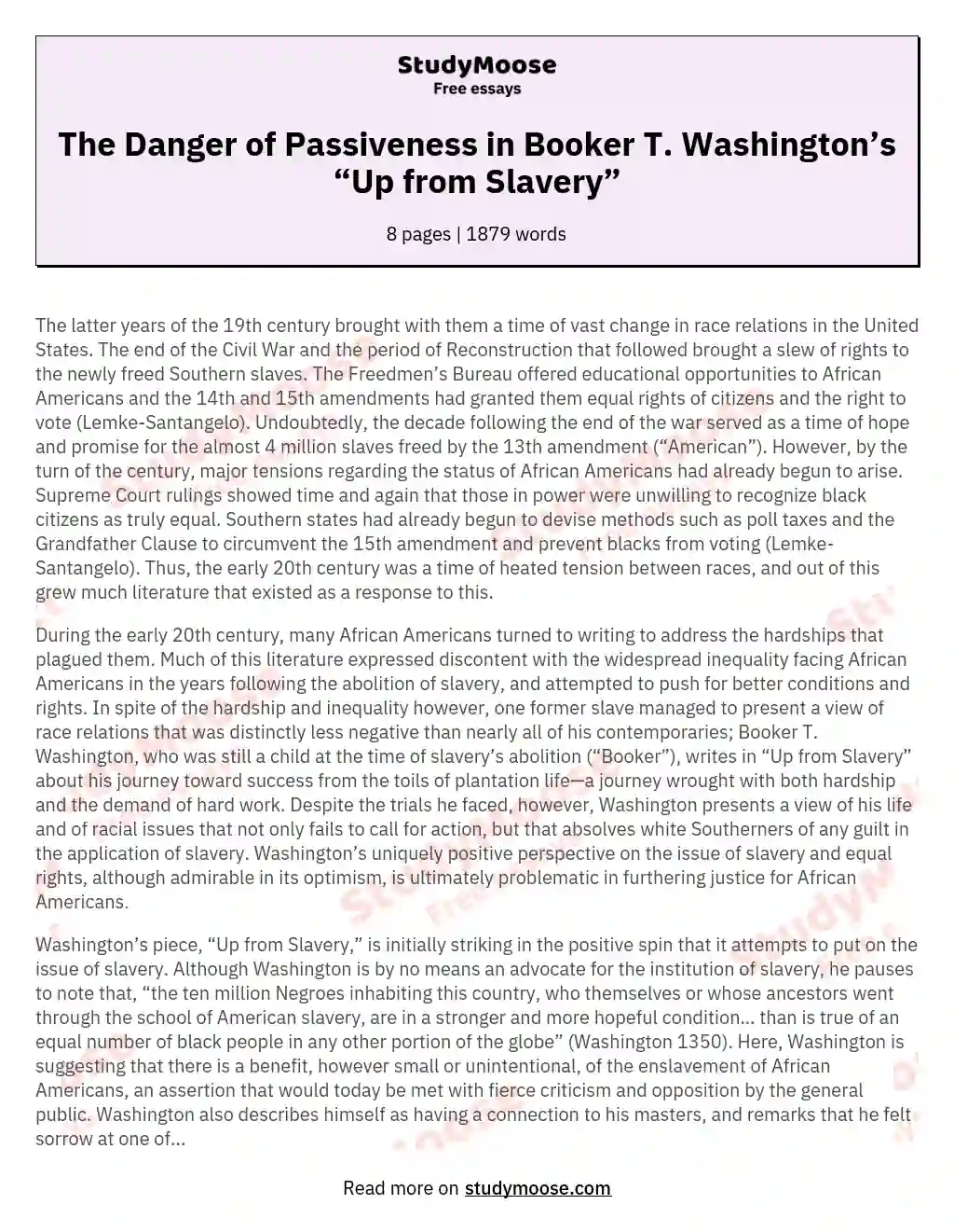 The Danger of Passiveness in Booker T. Washington’s “Up from Slavery” essay