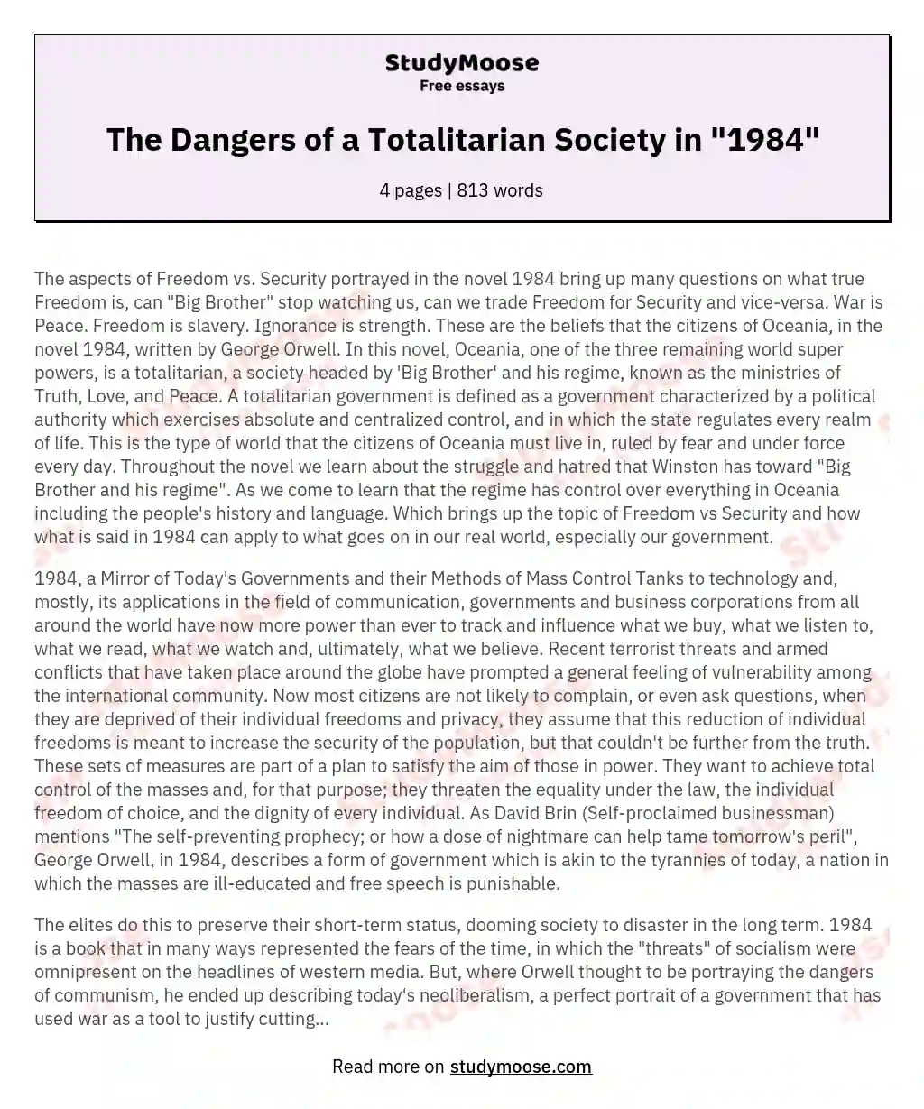 The Dangers of a Totalitarian Society in "1984" essay