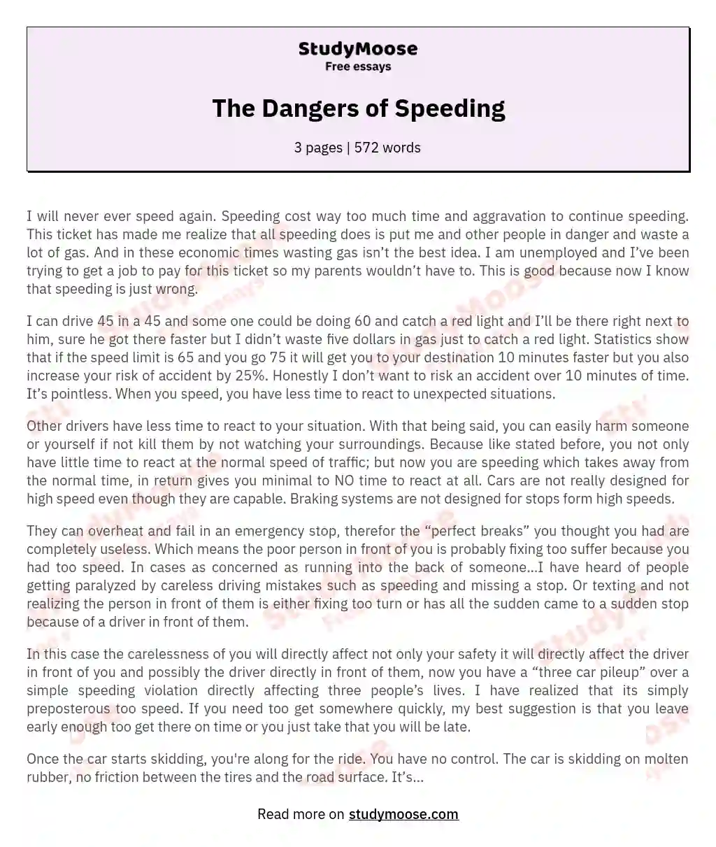 The Dangers of Speeding: A Wake-Up Call for Responsible Driving essay