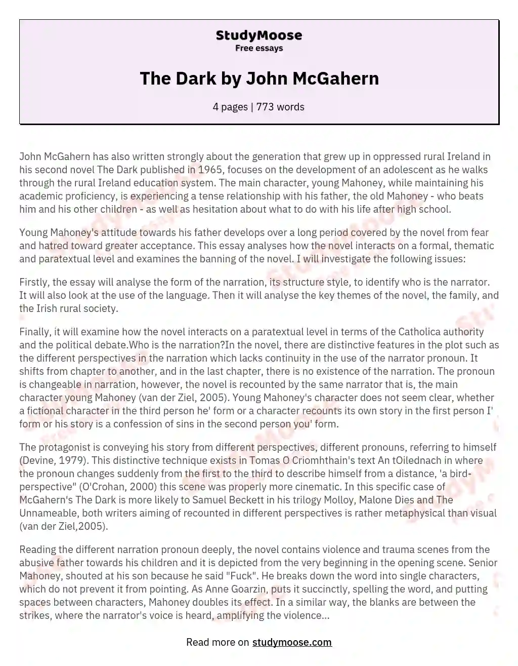 The Dark by John McGahern essay