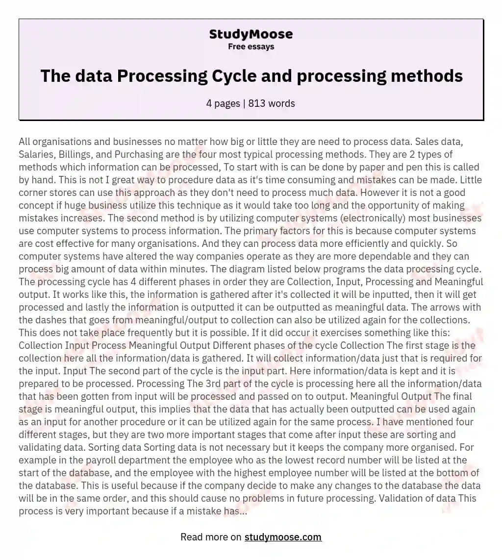 The data Processing Cycle and processing methods essay