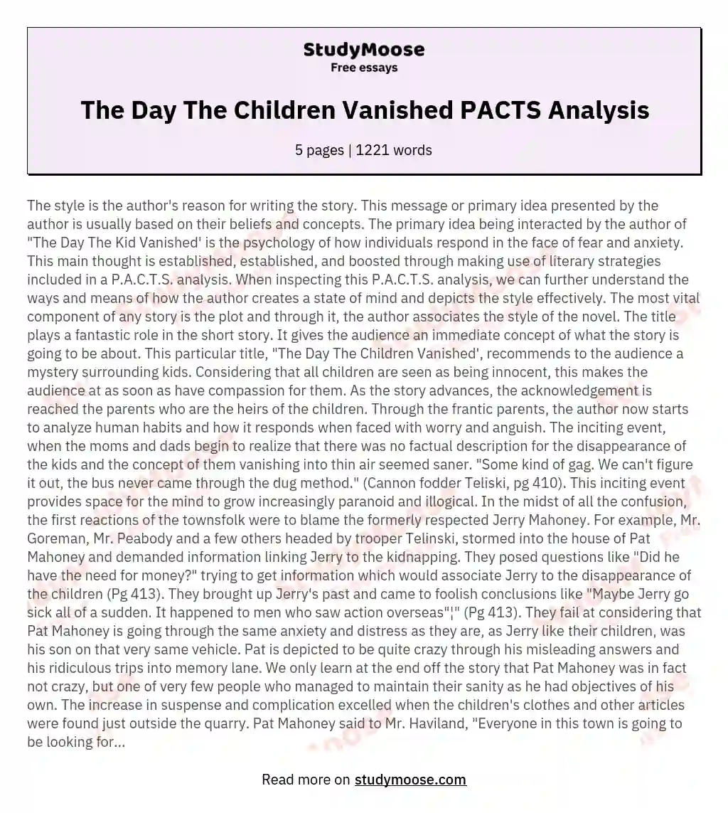 The Day The Children Vanished PACTS Analysis essay