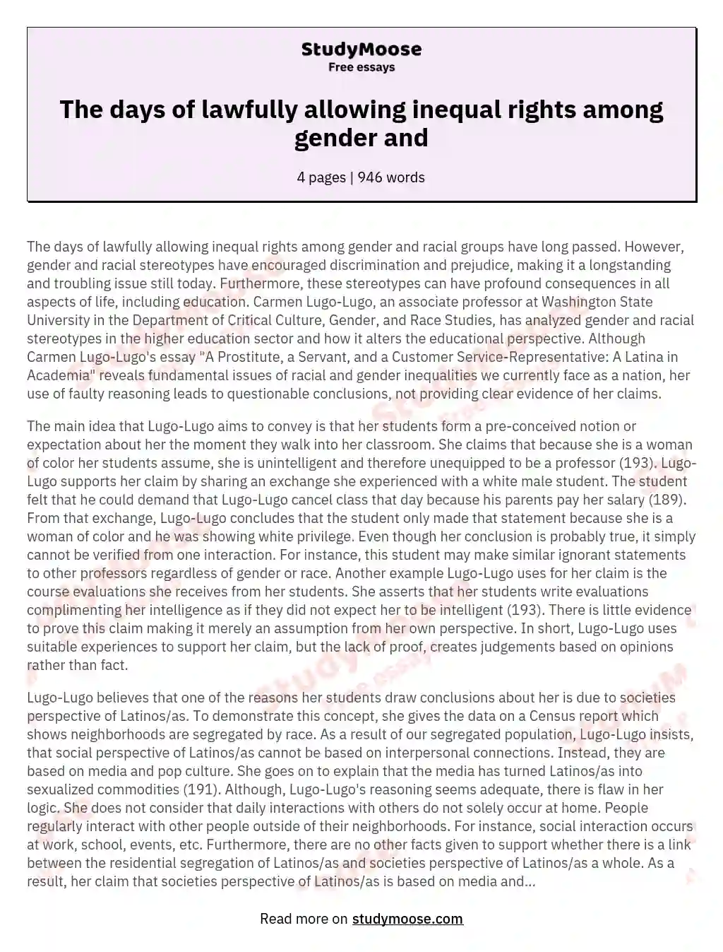The days of lawfully allowing inequal rights among gender and essay