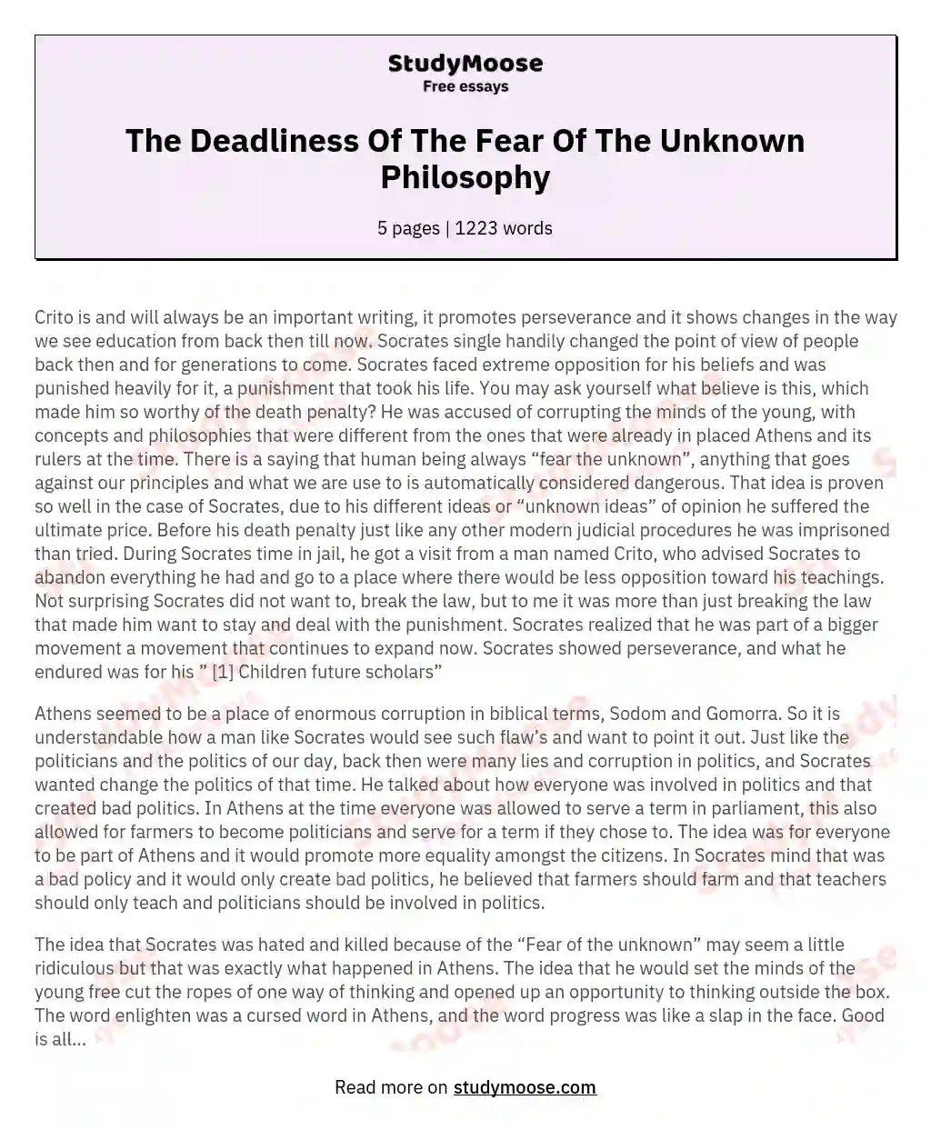 The Deadliness Of The Fear Of The Unknown Philosophy essay