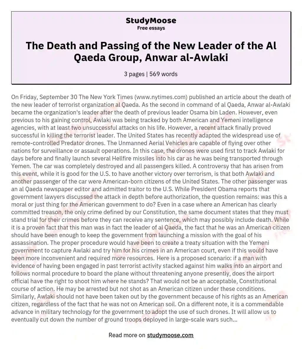 The Death and Passing of the New Leader of the Al Qaeda Group, Anwar al-Awlaki essay