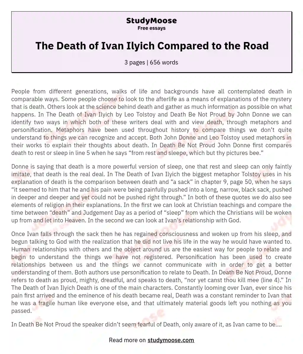 The Death of Ivan Ilyich Compared to the Road essay