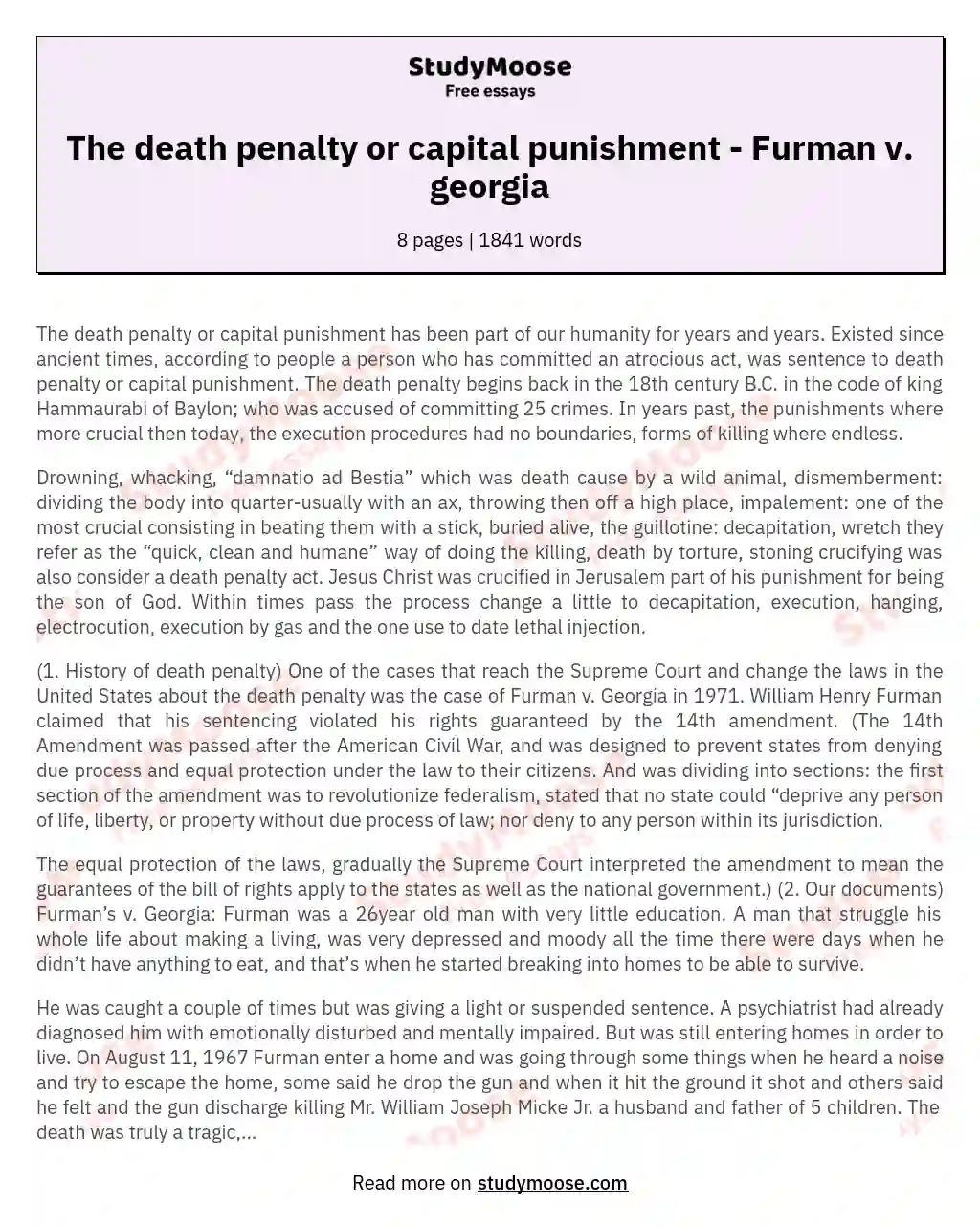 The death penalty or capital punishment - Furman v. georgia