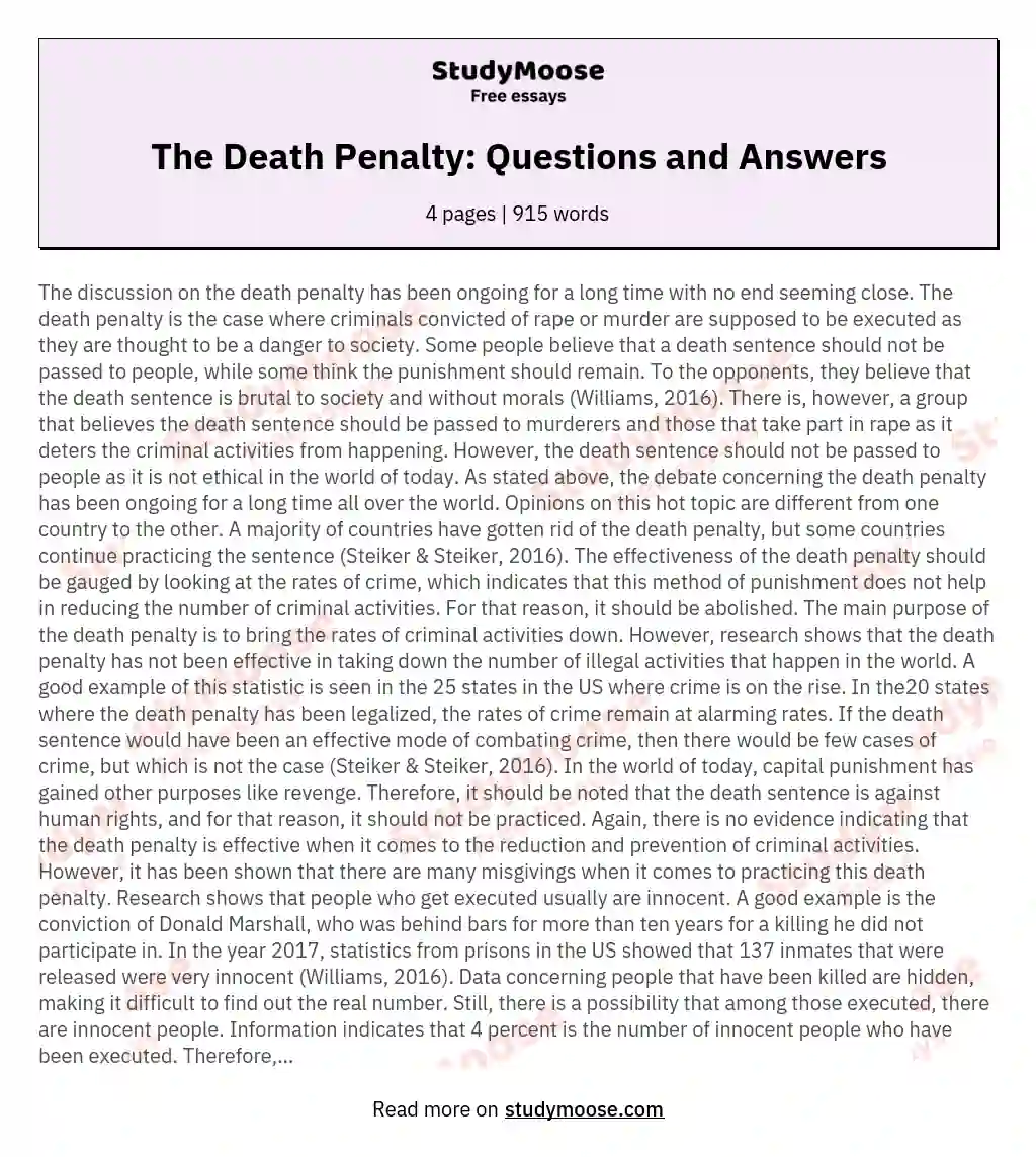 The Death Penalty: Questions and Answers essay