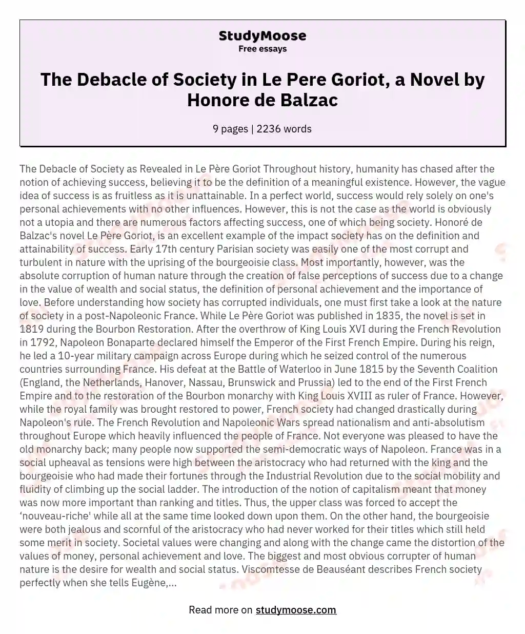 The Debacle of Society in Le Pere Goriot, a Novel by Honore de Balzac essay