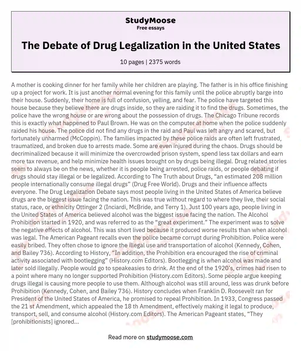The Debate of Drug Legalization in the United States essay