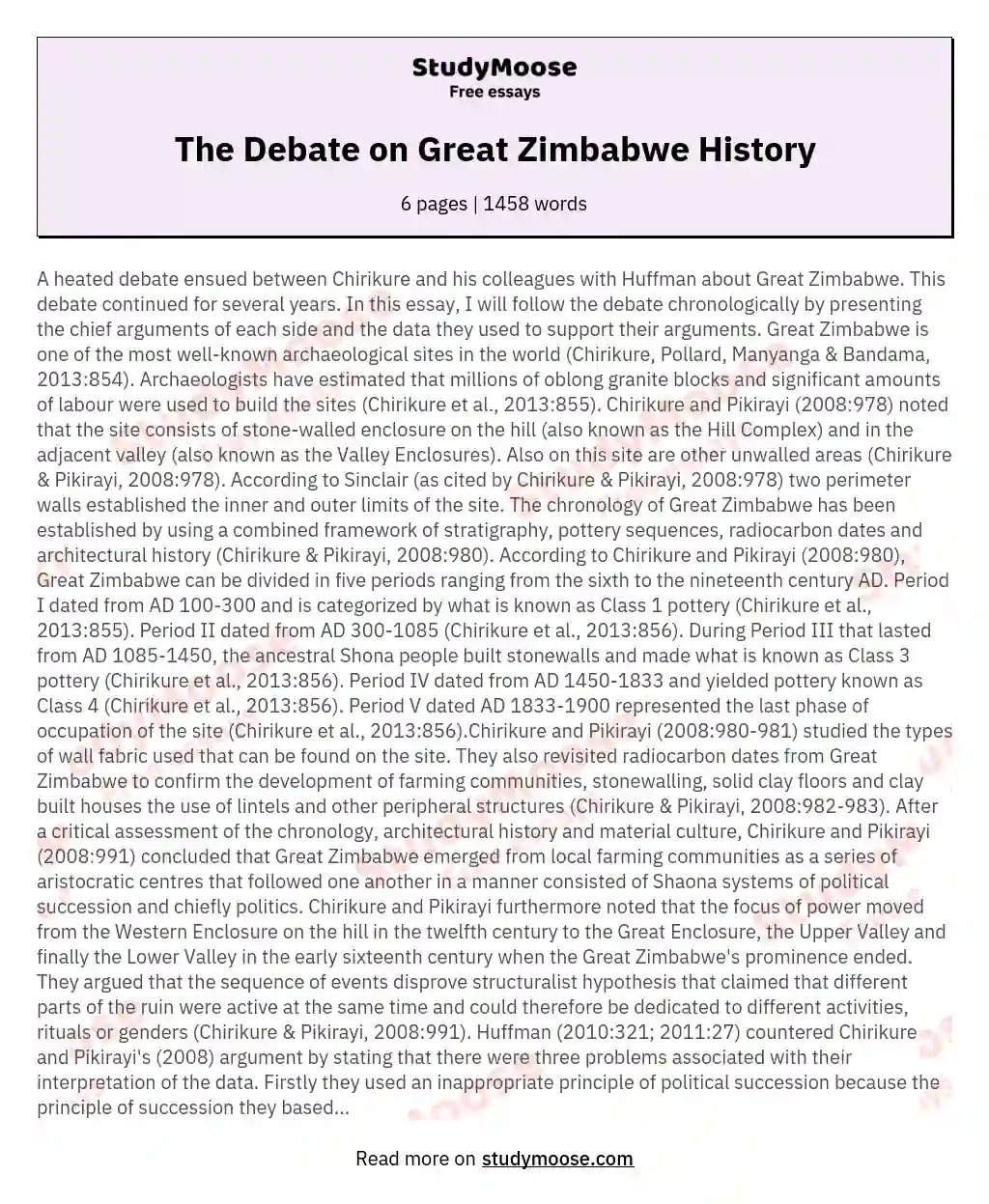The Debate on Great Zimbabwe History essay