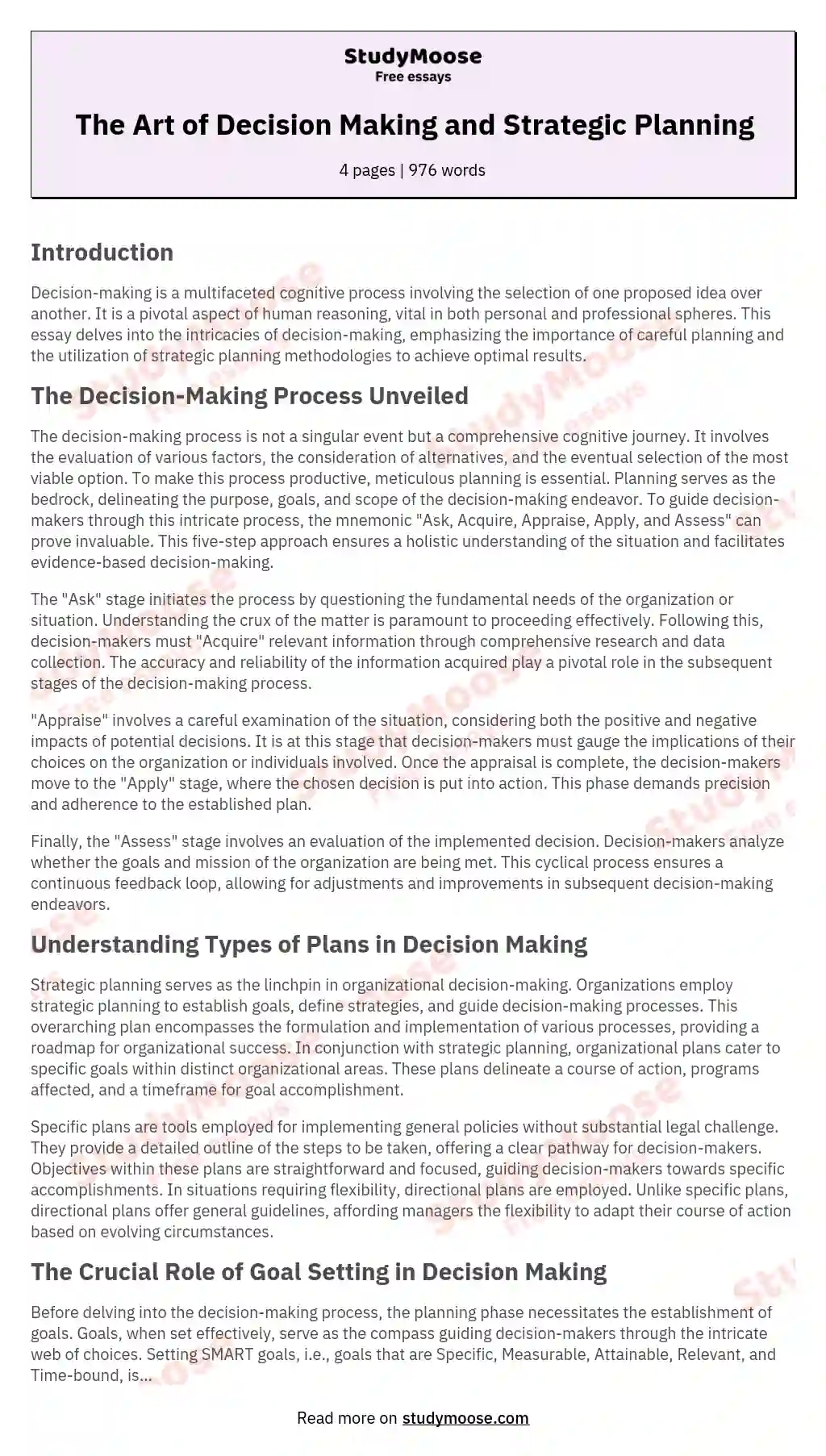 The Art of Decision Making and Strategic Planning essay