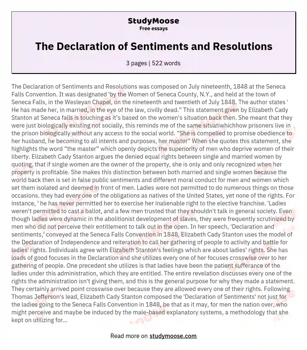 The Declaration of Sentiments and Resolutions essay