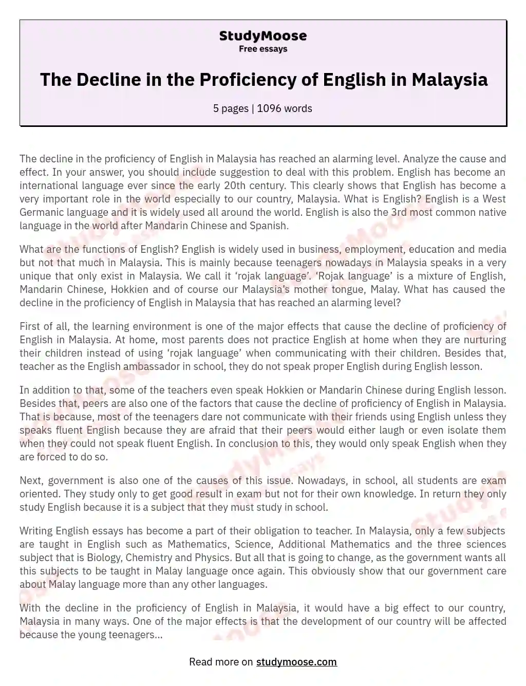 The Decline in the Proficiency of English in Malaysia essay