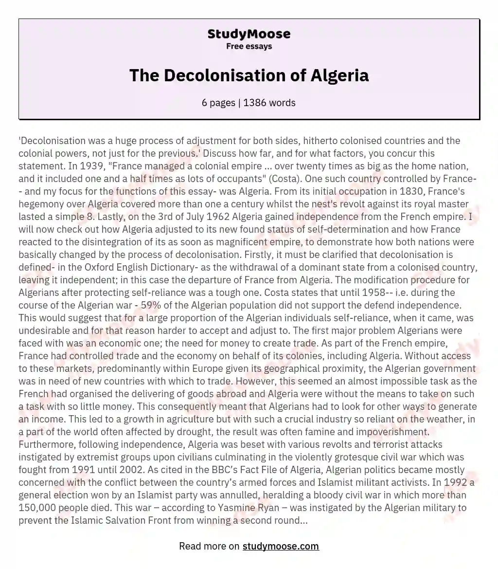 The Decolonisation of Algeria essay