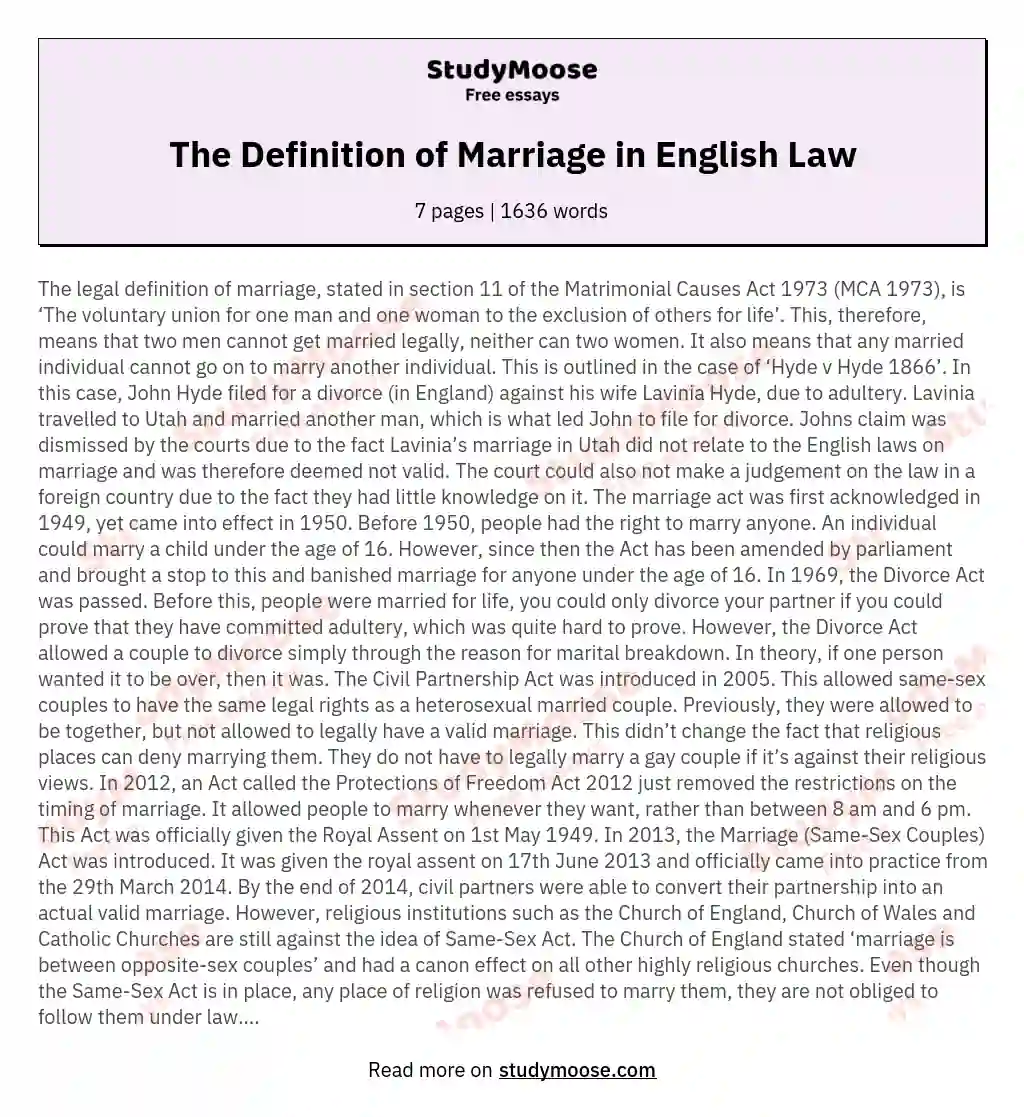 The Definition of Marriage in English Law essay