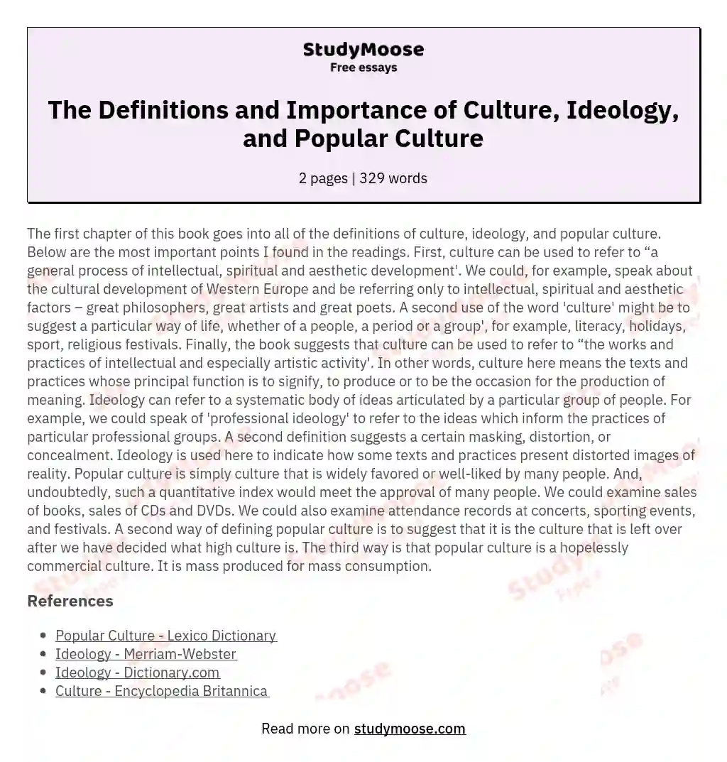 The Definitions and Importance of Culture, Ideology, and Popular Culture essay