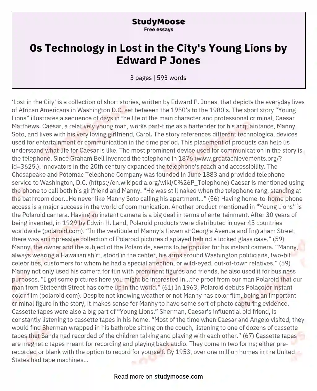 The Depiction of 1970’s Technology in “Young Lions” in Edward P. Jones’ “Lost in the City”