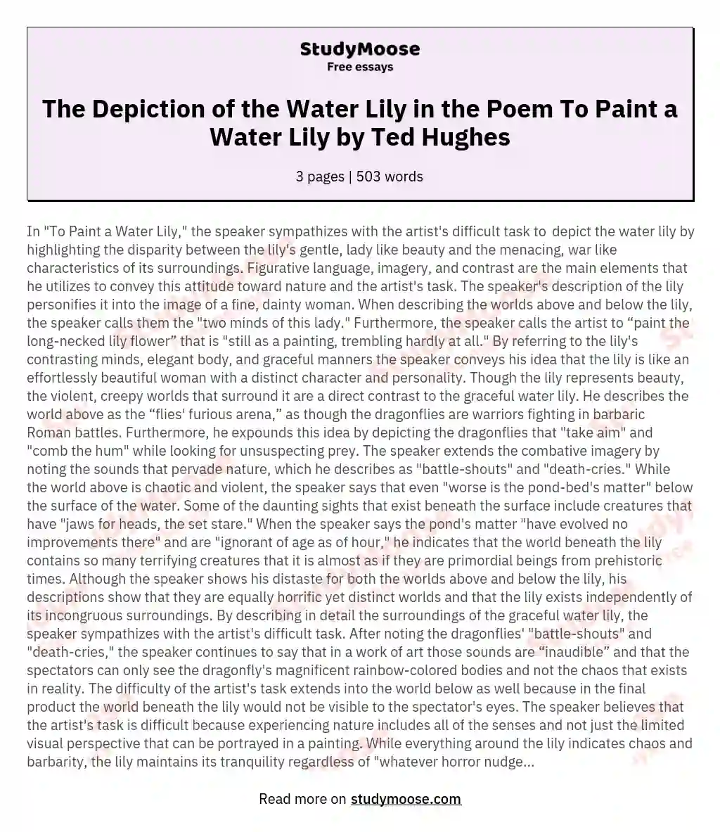 The Depiction of the Water Lily in the Poem To Paint a Water Lily by Ted Hughes essay