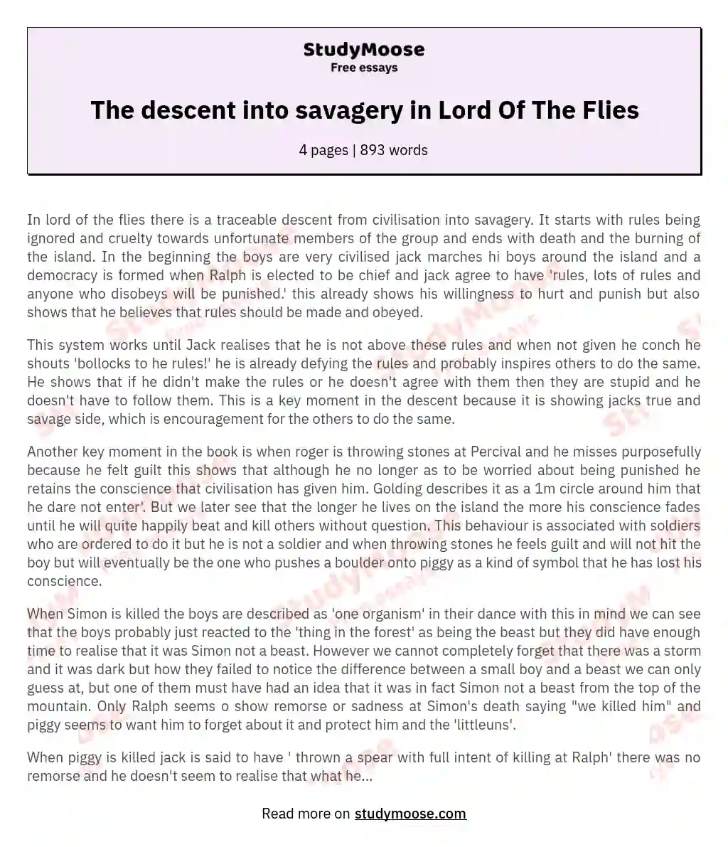 The descent into savagery in Lord Of The Flies essay