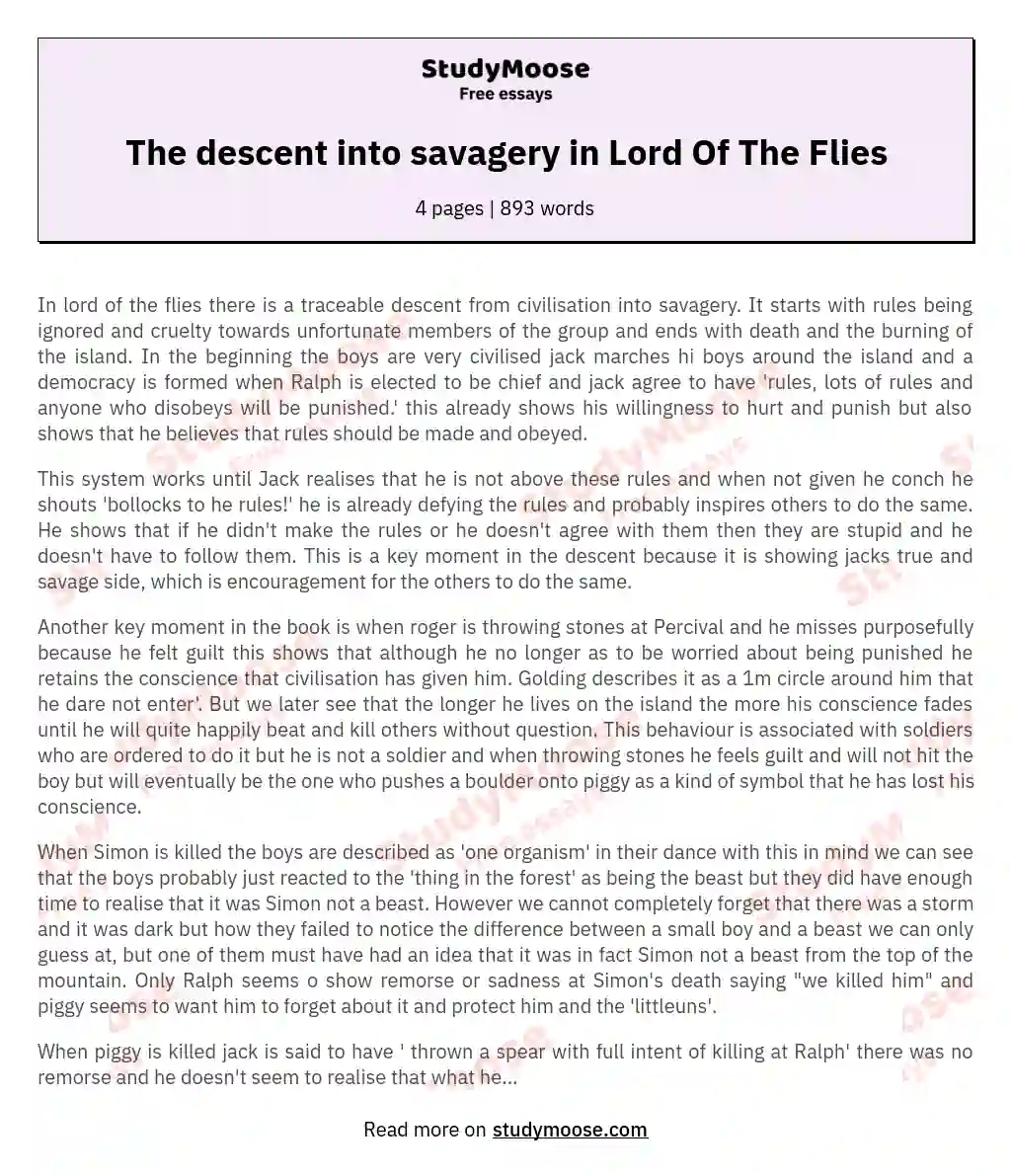 lord of the flies descent into savagery essay