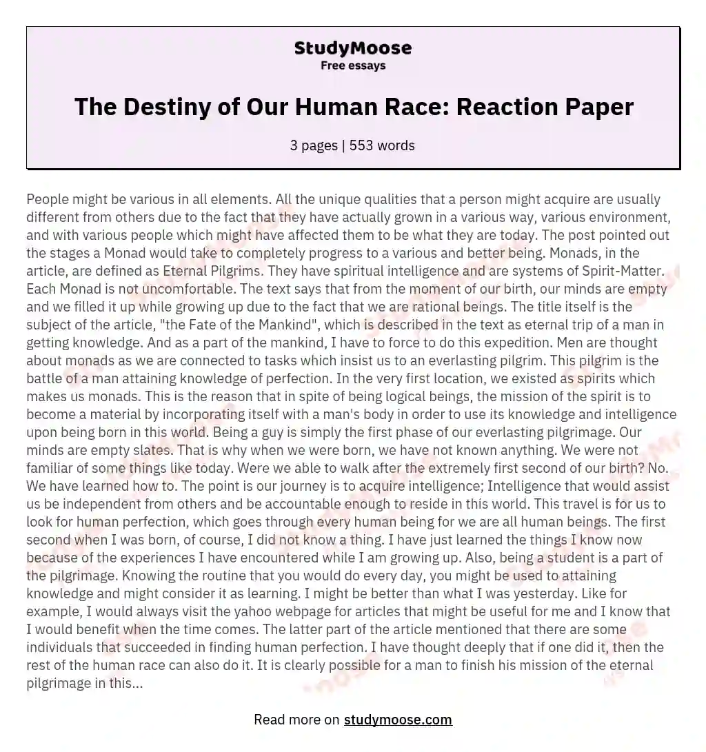 The Destiny of Our Human Race: Reaction Paper essay