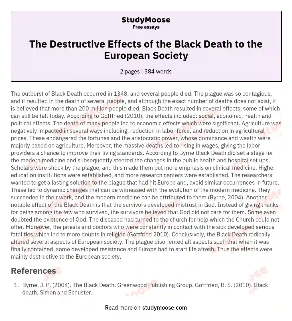 The Destructive Effects of the Black Death to the European Society essay