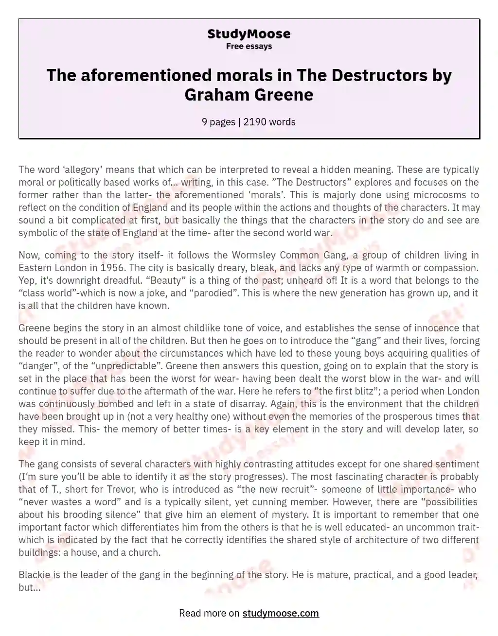 The aforementioned morals in The Destructors by Graham Greene essay