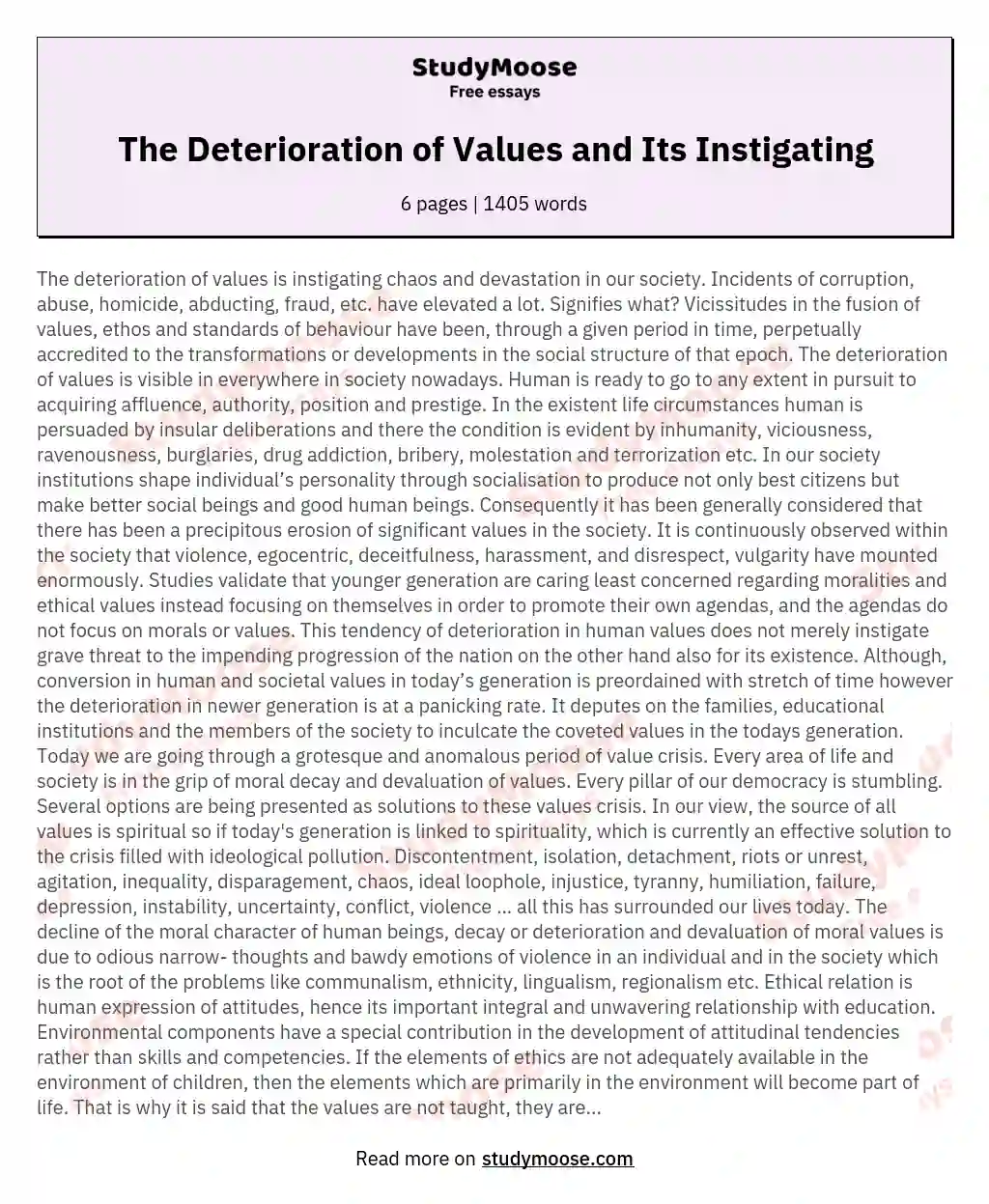 The Deterioration of Values and Its Instigating essay