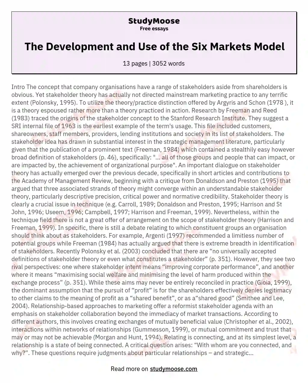 The Development and Use of the Six Markets Model