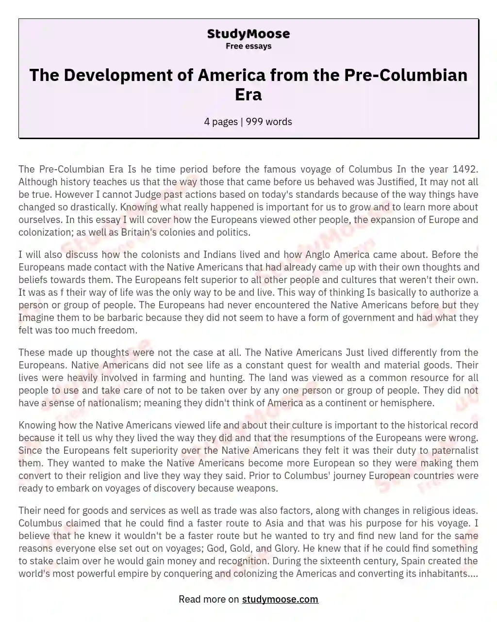 The Development of America from the Pre-Columbian Era essay