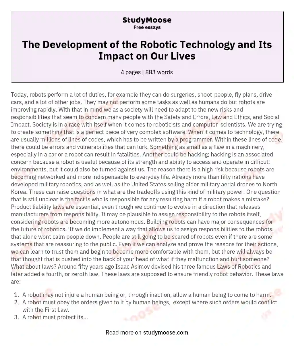 The Development of the Robotic Technology and Its Impact on Our Lives essay