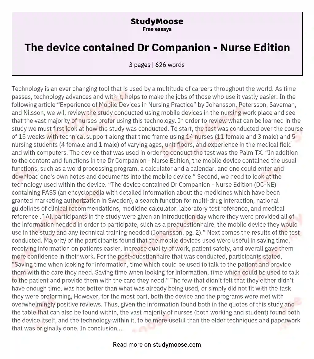 The device contained Dr Companion - Nurse Edition essay