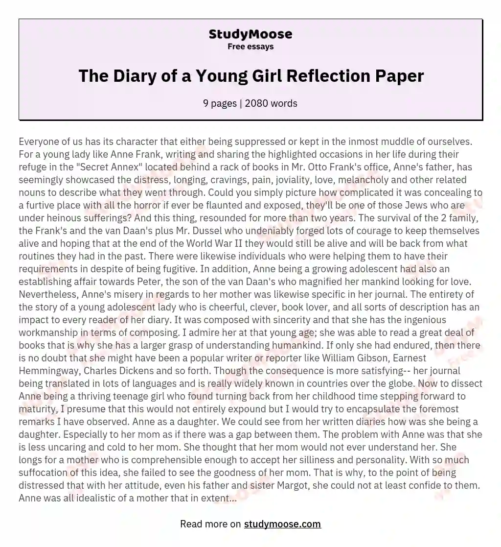 The Diary of a Young Girl Reflection Paper essay
