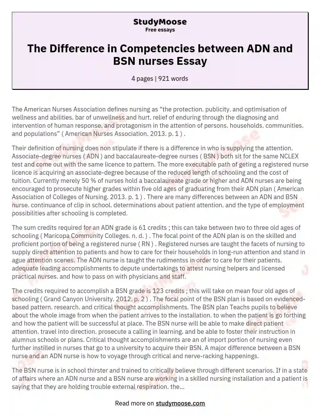 The Difference in Competencies between ADN and BSN nurses Essay essay