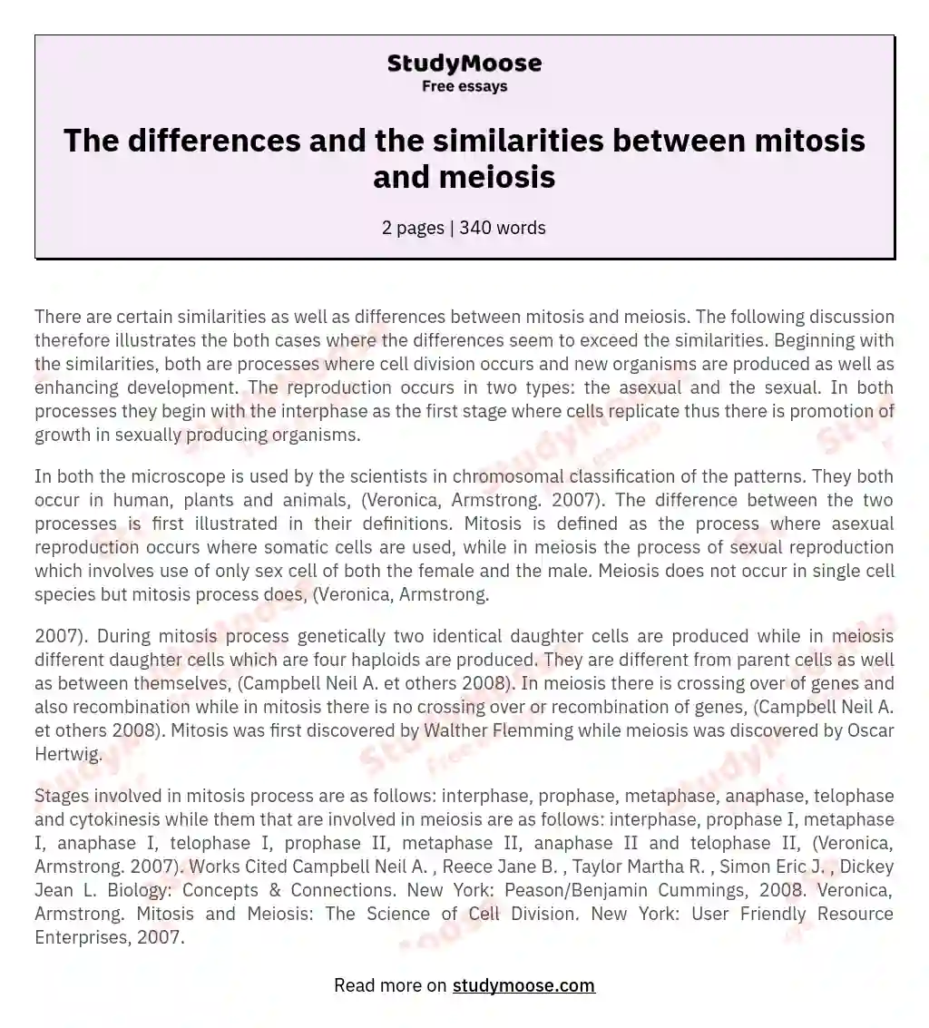 The differences and the similarities between mitosis and meiosis essay