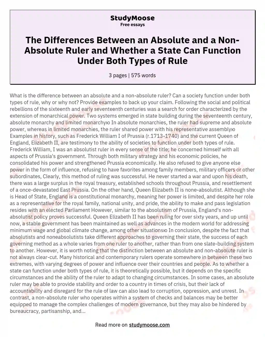 The Differences Between an Absolute and a Non-Absolute Ruler and Whether a State Can Function Under Both Types of Rule essay