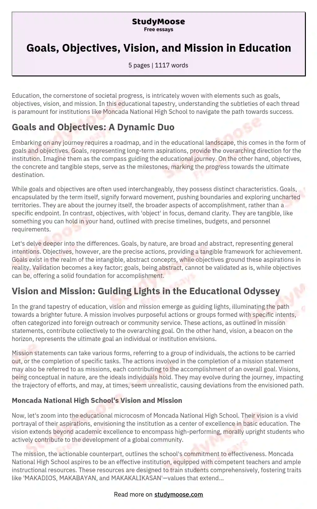 Goals, Objectives, Vision, and Mission in Education essay