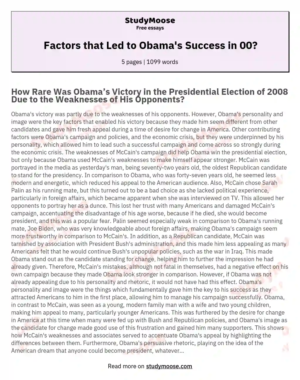 Factors that Led to Obama's Success in 00? essay