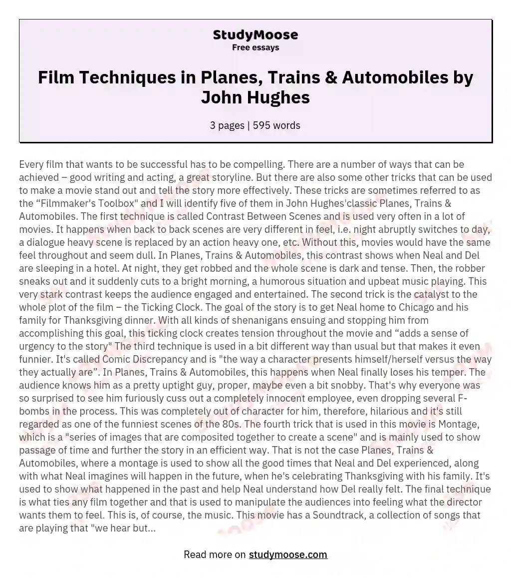 Film Techniques in Planes, Trains & Automobiles by John Hughes essay
