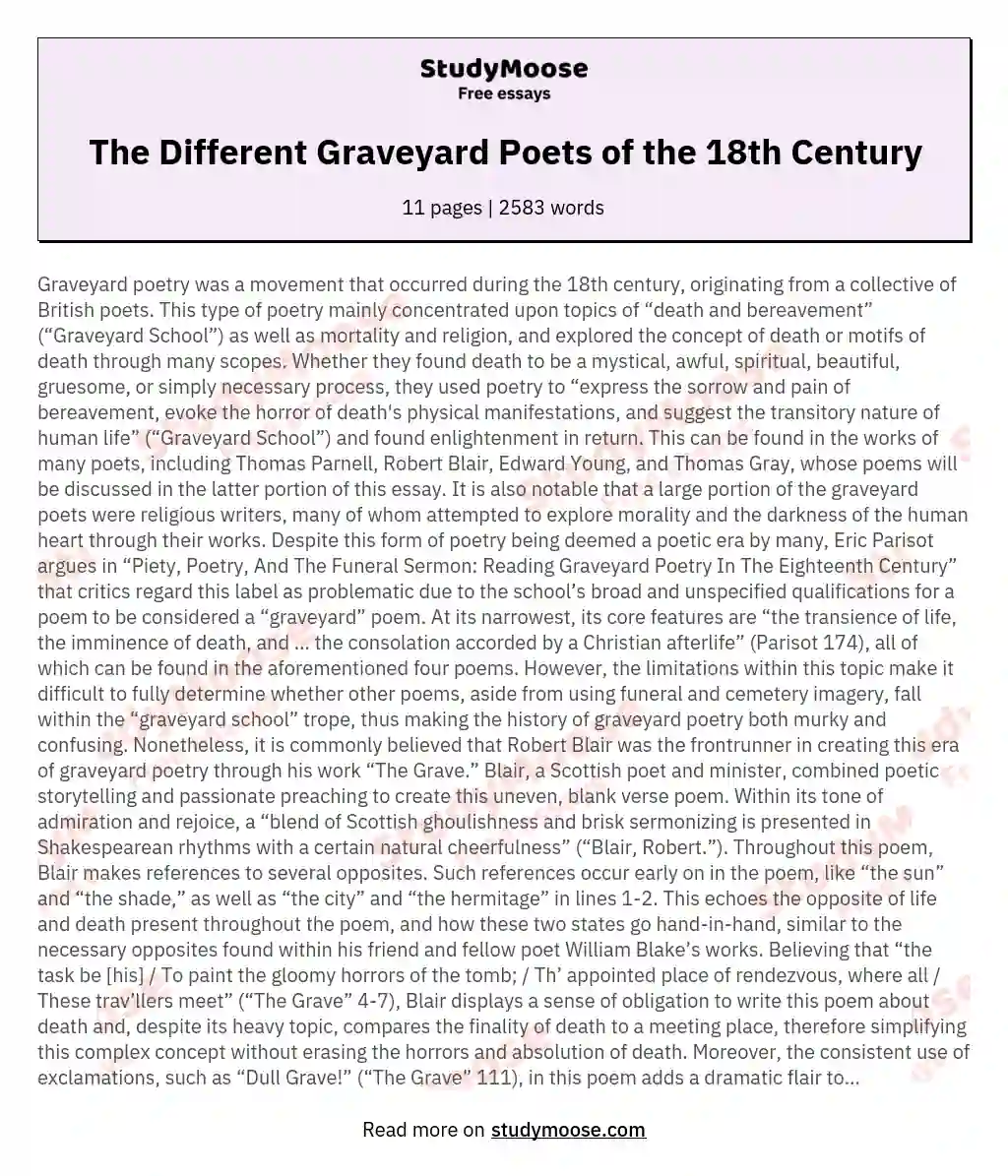 The Different Graveyard Poets of the 18th Century