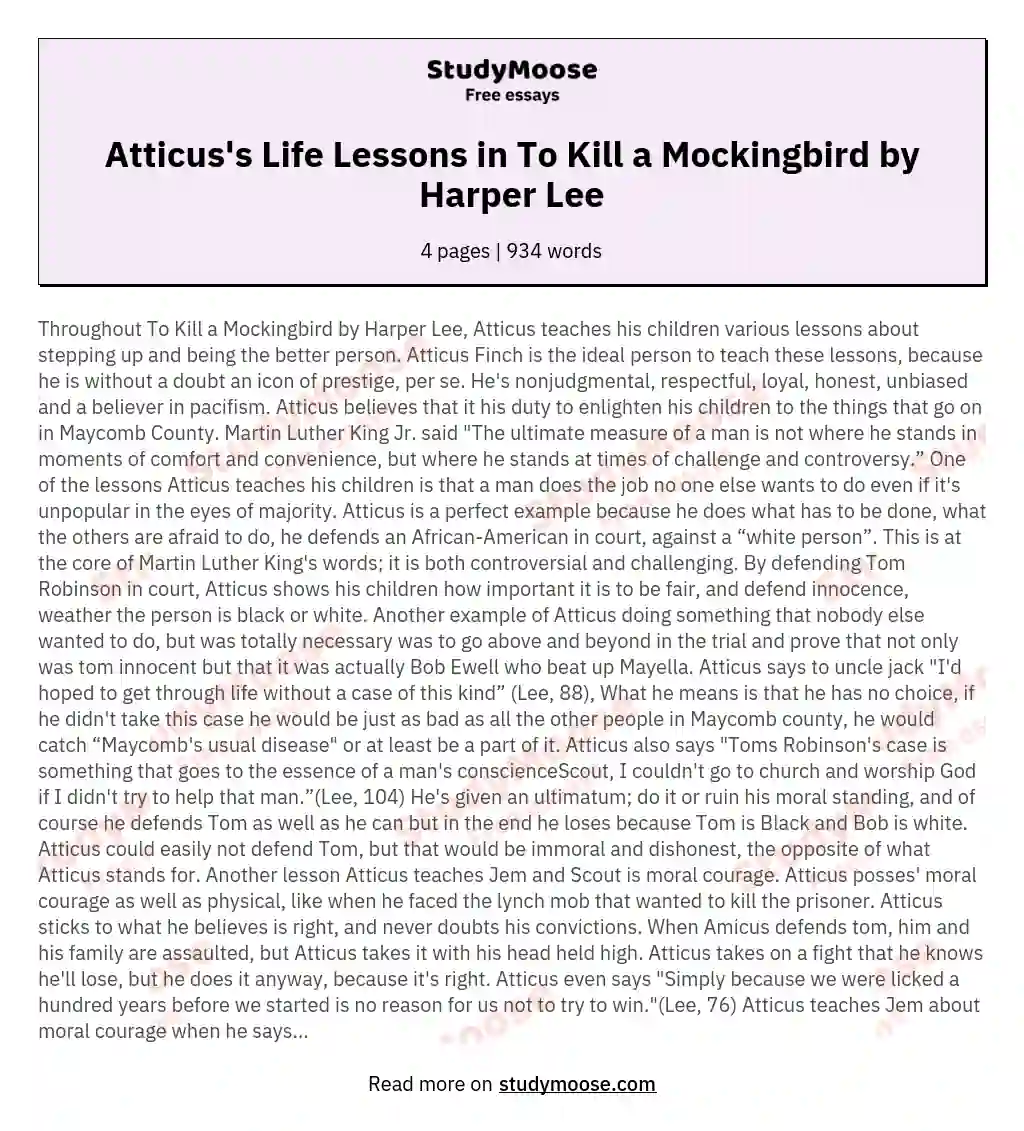 Atticus's Life Lessons in To Kill a Mockingbird by Harper Lee essay