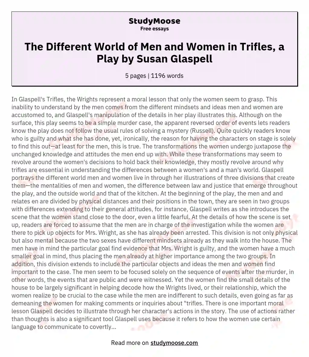 The Different World of Men and Women in Trifles, a Play by Susan Glaspell essay