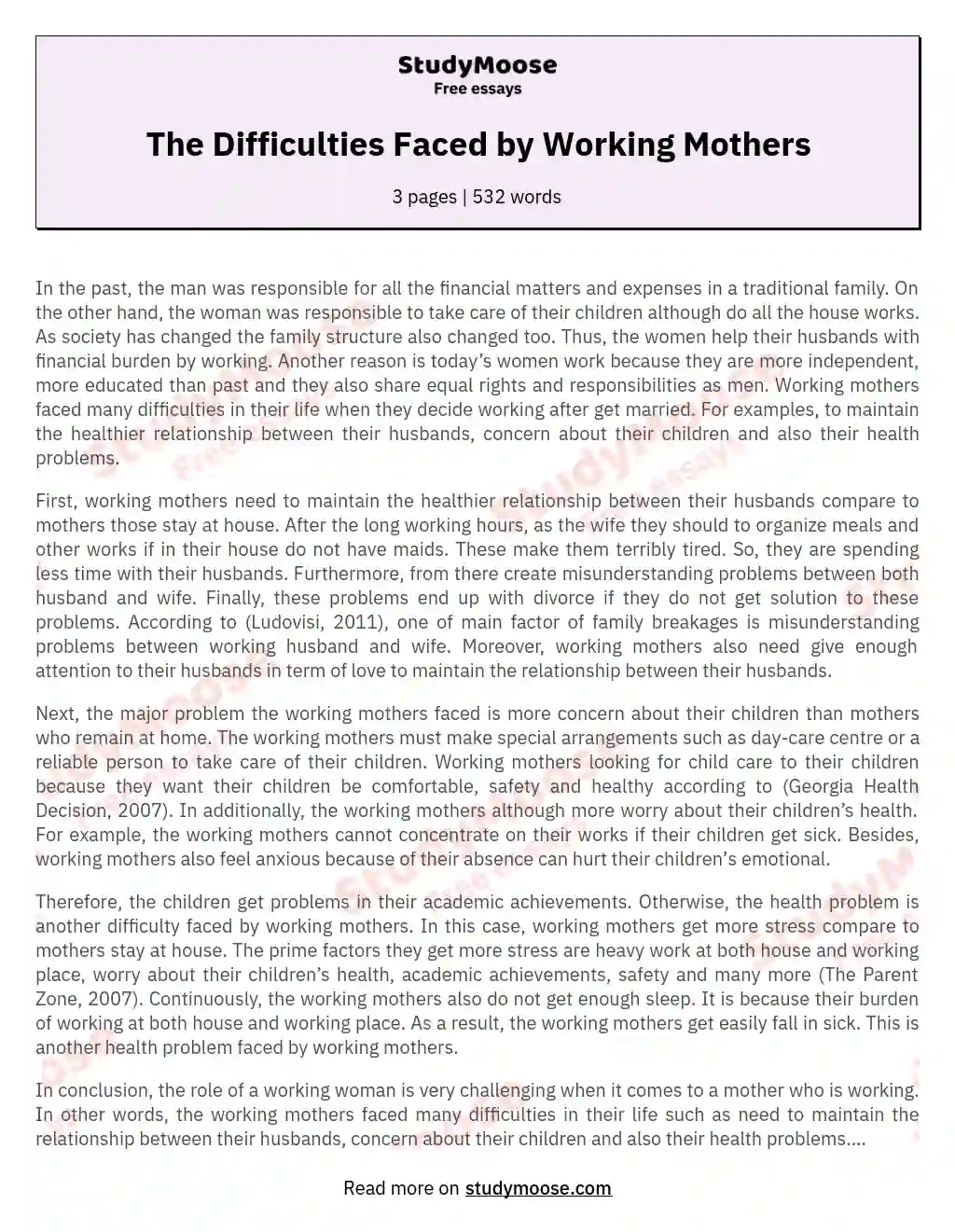 the problems of working mothers essay std 10