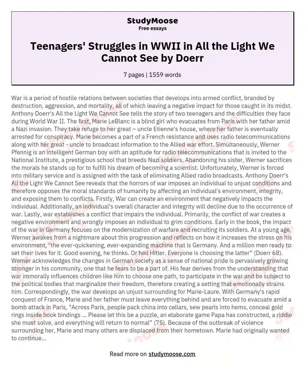 Teenagers' Struggles in WWII in All the Light We Cannot See by Doerr essay